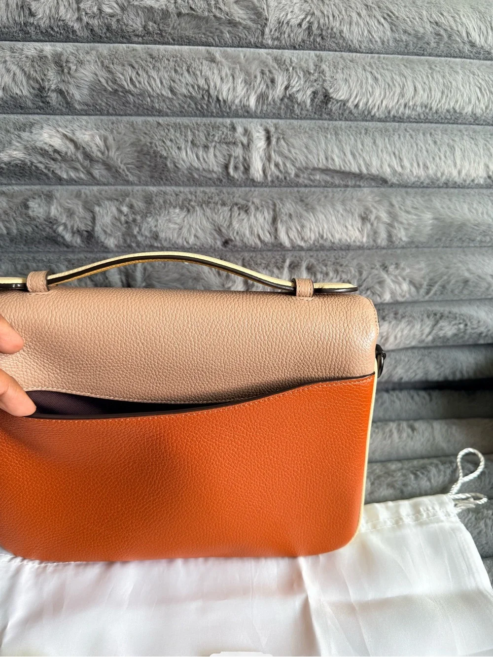 Coach Colorblock Pebbled Leather Top-Handle Crossbody in Taupe, Ginger